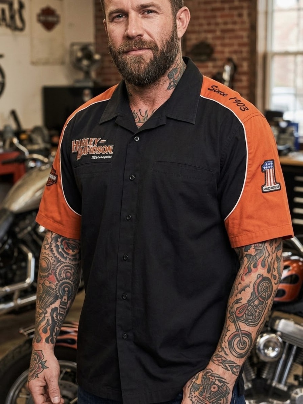 Harley-Davidson Black and Orange Short-Sleeve Button-Up Shirt